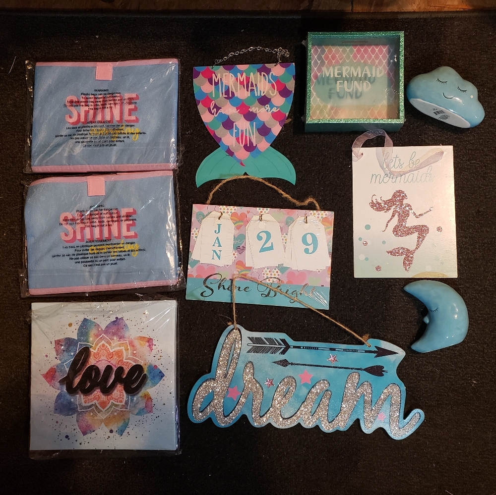 10 piece girls bedroom decor bundle. Mermaid and much more